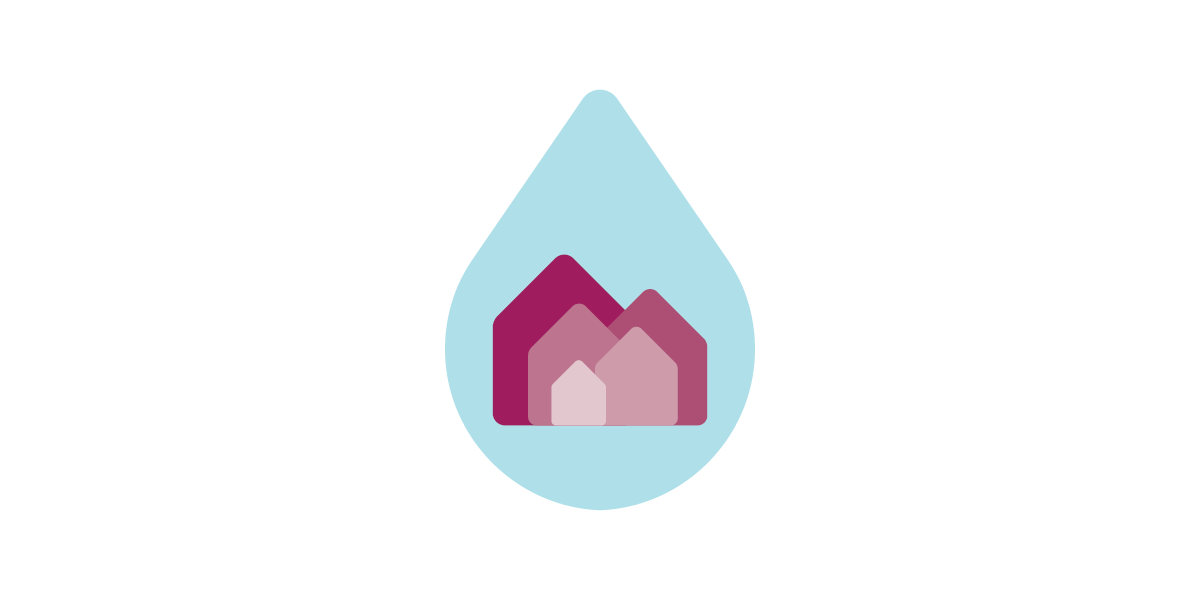 Communal water tank, 5 houses in water drop illustration